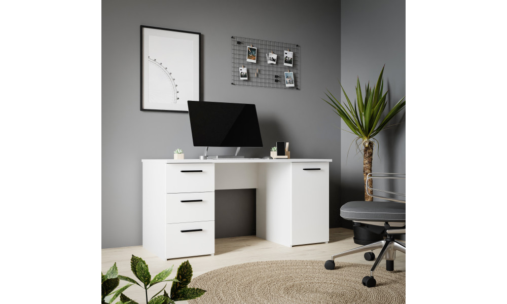 NELL - Bureau droit 3 tiroirs 1 porte 1 tablette décor blanc 