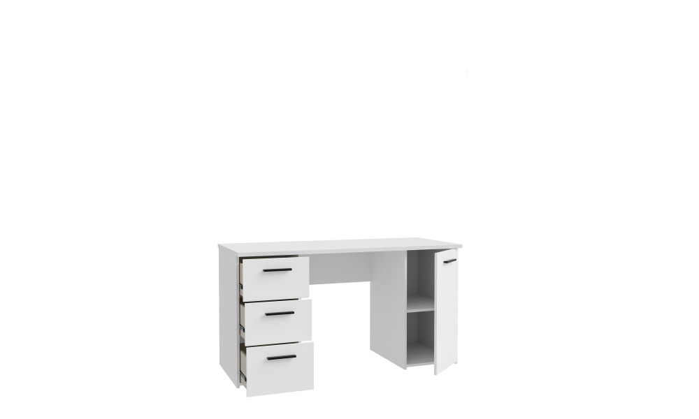 NELL - Bureau droit 3 tiroirs 1 porte 1 tablette décor blanc 