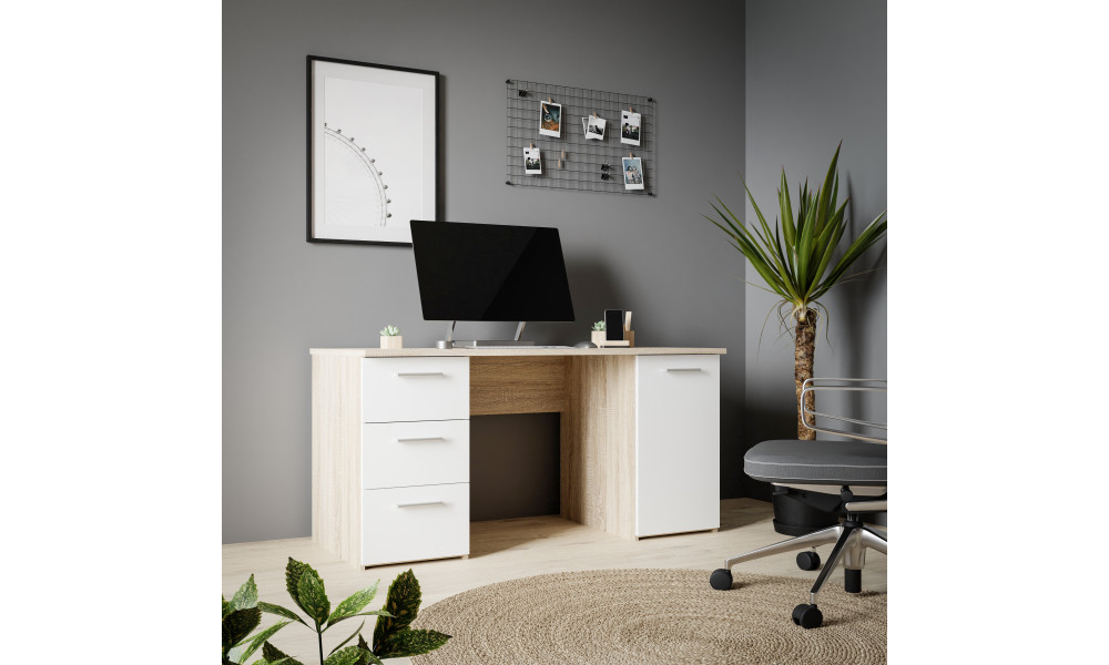 NELL - Bureau droit 3 tiroirs 1 porte 1 tablette imitation chêne sonoma / blanc 