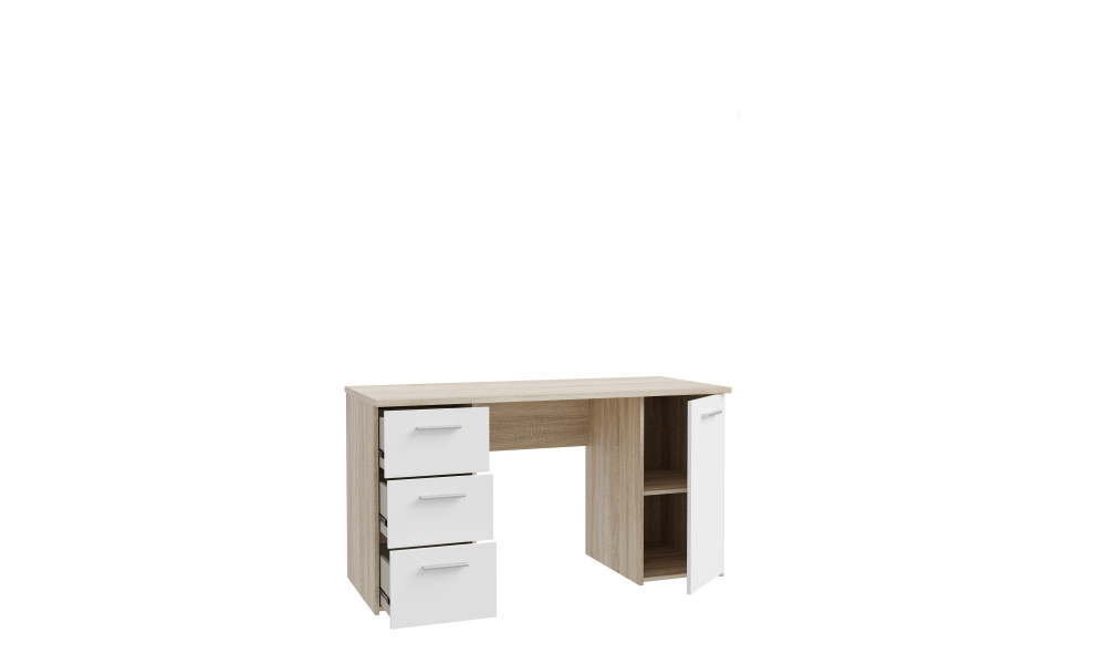 NELL - Bureau droit 3 tiroirs 1 porte 1 tablette imitation chêne sonoma / blanc 