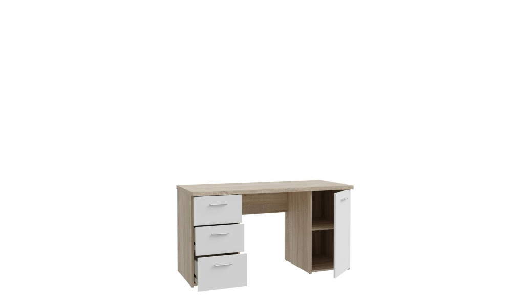 NELL - Bureau droit 3 tiroirs 1 porte 1 tablette imitation chêne sonoma / blanc 