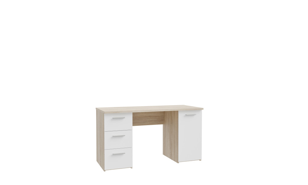 NELL - Bureau droit 3 tiroirs 1 porte 1 tablette imitation chêne sonoma / blanc 