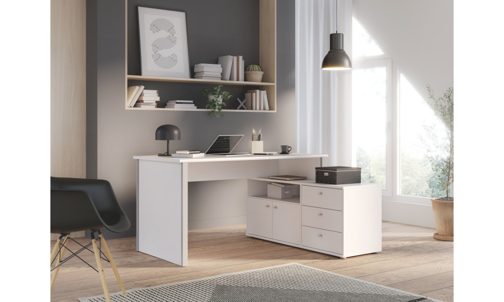 TAIMA - Bureau d'angle gauche décor blanc mat / gris 