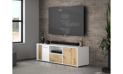 CARDIGANE - Meuble TV-Hifi 2 portes 1 tiroir 1 niche blanc / imitation chêne artisan 